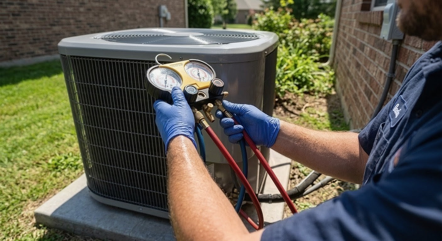 HVAC technician checking refrigerant gauges on outdoor condenser unit